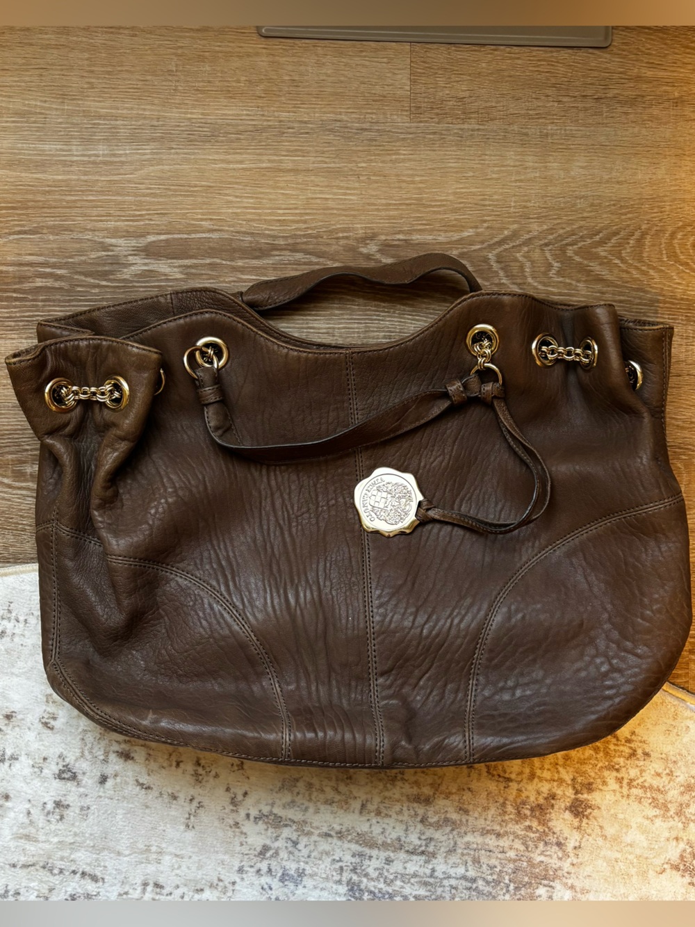 Vince Camuto Dark Brown Leather Tote with Gold Hardware